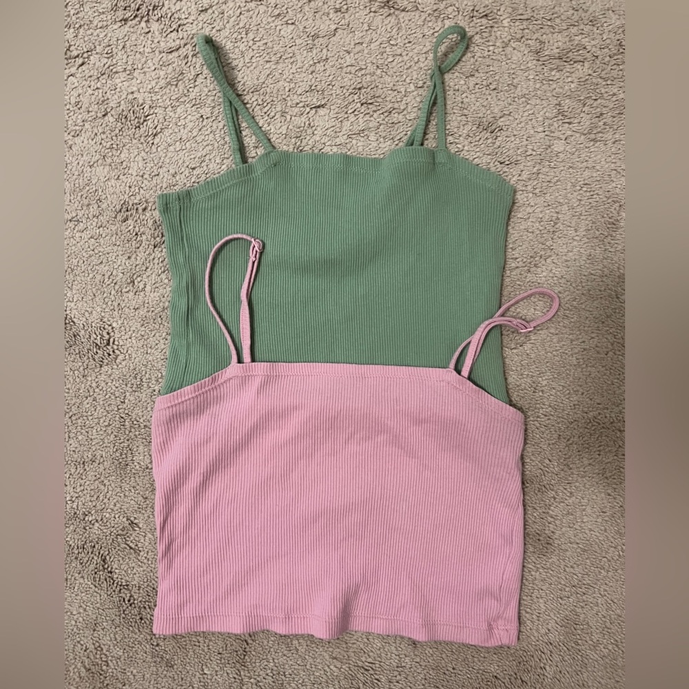 Bundle of Two Aerie Cropped Ribbed Spaghetti Strap Tank Tops